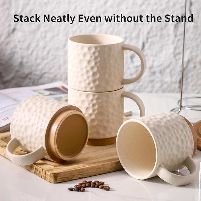 Nihow 16 OZ Ceramic Coffee Mug with Stackable Stand,Set of 4,White | Stackable, Stainless Stand Included, Cappuccino & Tea, Hot/Cold Drinks, Dishwasher & Microwave Safe
