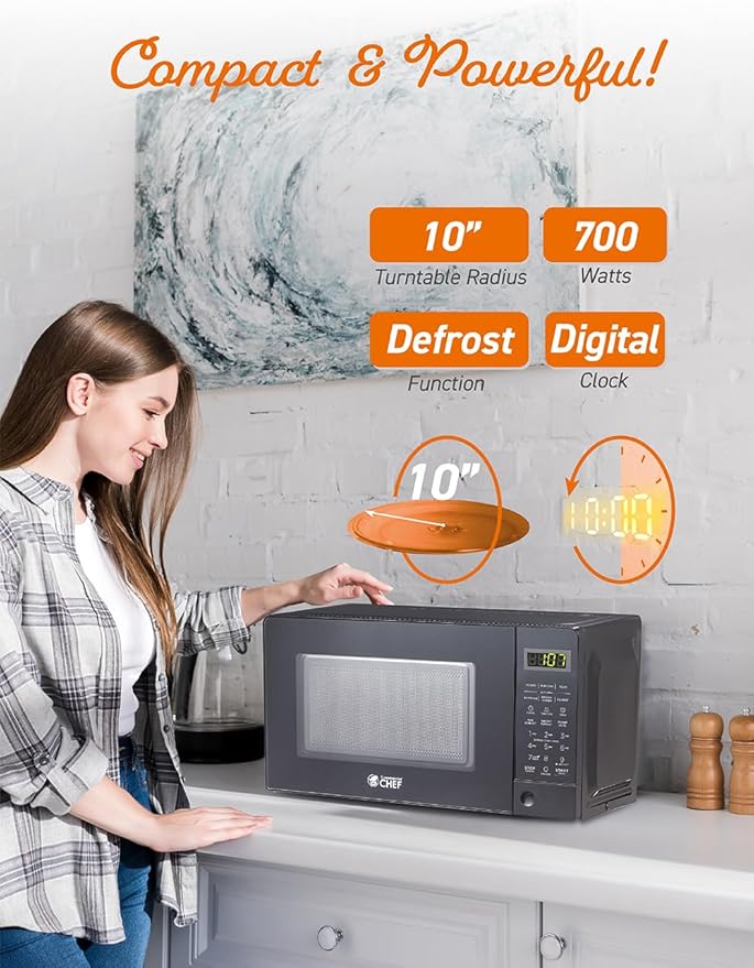 COMMERCIAL CHEF 0.7 Cubic Foot Microwave with 10 Power Levels, Small Microwave with Pull Handle, 700W Countertop Microwave up to 99 Minute Timer and Digital Display, Black