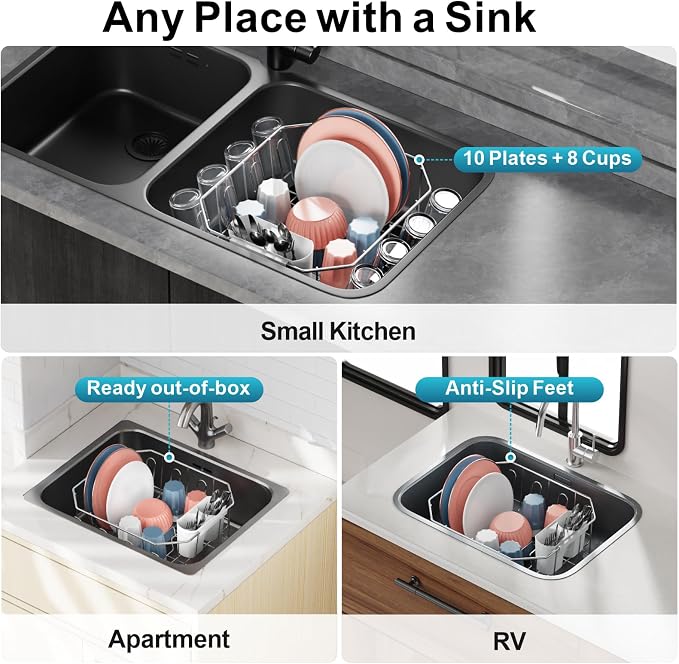 iSPECLE Small in Sink Dish Drying Rack - Stainless Steel Compact Inside Sink Dish Drainer for RV Apartment Kitchen, Rust Resistant, 11.6" W x 13.4" L, Silver