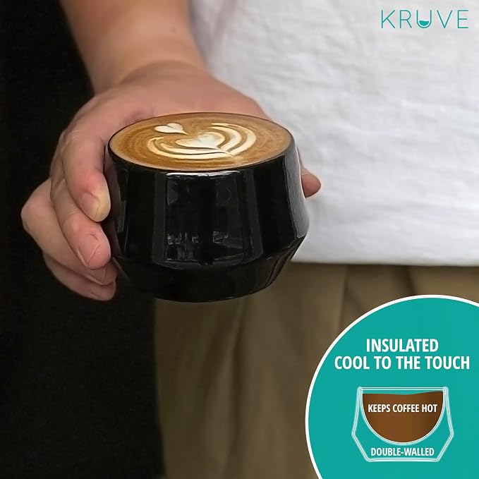 KRUVE IMAGINE Porcelain Latte Coffee Cups, Double Walled Latte Cups, Glass Cups Set of Two - 5oz Thermal Spherical Design for Latte Art, Insulated Coffee Mugs for Heat Retention (Black)