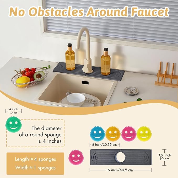 Faucet Mat for Kitchen Sink, 16'' Diatomite Sink Protector Splash Guard Draining Mat, Quick Drying Stone Sink Tray, Water Absorbent Soap Sponge Holder for Bathroom, Women Men Birthday Gift, Dark Gray