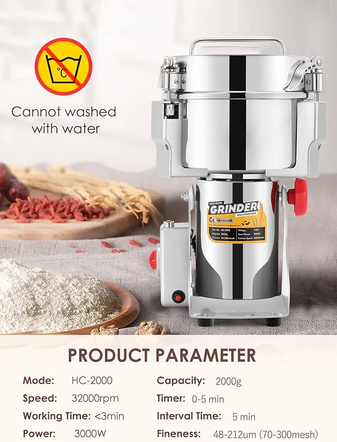 CGOLDENWALL 2000g Electric Grain Grinder Mill Safety Upgraded 3000W High-speed Spice Herb Grinder Commercial Superfine Machine Dry Cereals Pulverizer CE 110V (2000g Swing Type)