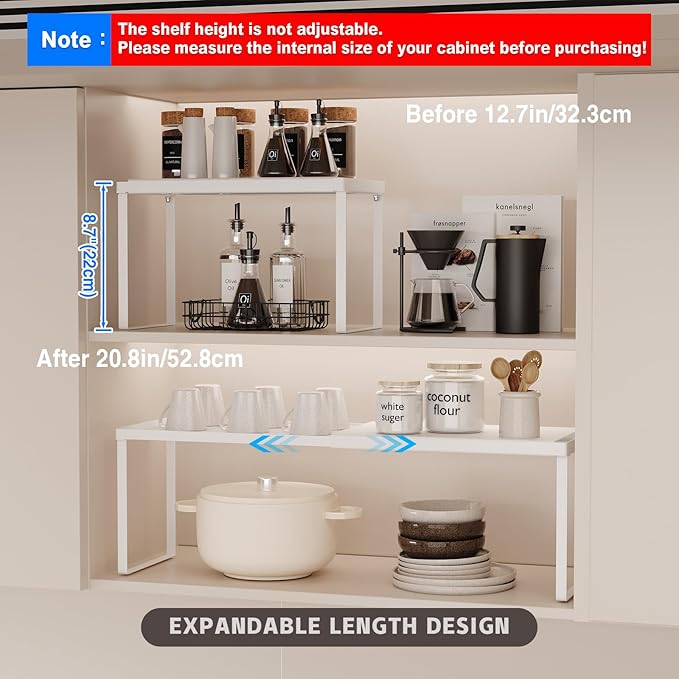 Magheo Expandable Cabinet Shelf Organizer, 2 Pack Stackable Kitchen Counter Shelf Riser, Metal Spice Rack Adjustable Heavy Duty Countertop Organizer Storage for Kitchen, Pantry, Cupboard, Rv (White)