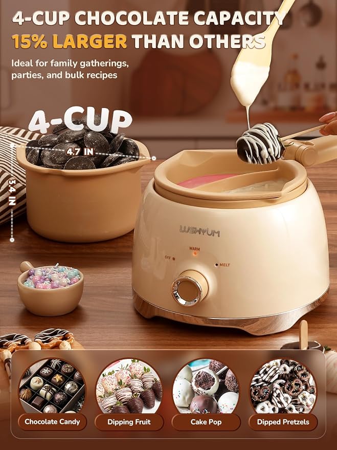 LUSHYUM Electric Chocolate Melting Pot with 2 Insert Pots, 4-Cup Chocolate | Even Heating & Fast Melting, BPA-Free Silicone, Easy Clean, Less Waste, Ideal for Chocolate & Candy Melts, Parties & Fondue