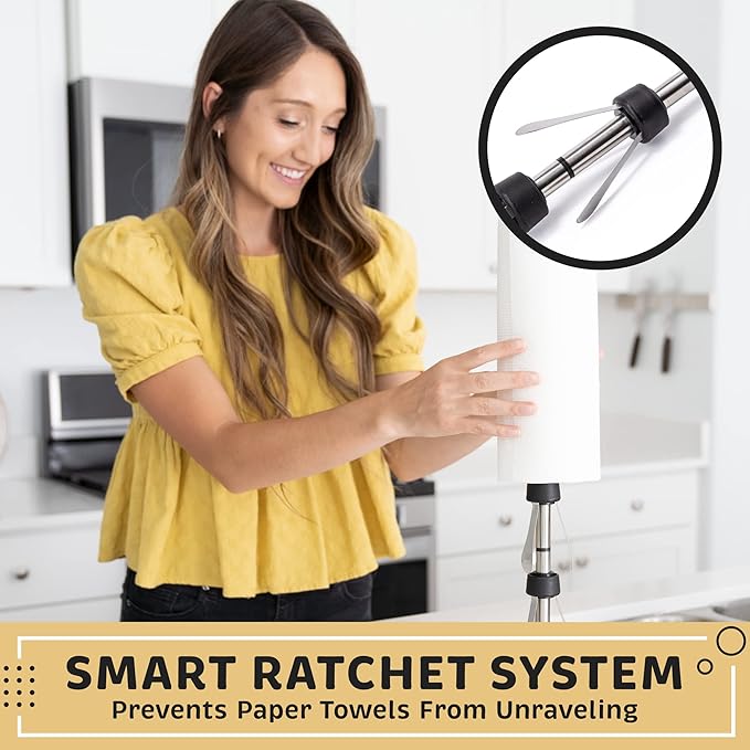 Heavy-Duty Stainless Steel Paper Towel Holder - Easy One-Handed Tear with Suction Cups - Modern Weighted Standing Countertop Dispenser for Kitchen - Holds All Paper Towel Rolls, White
