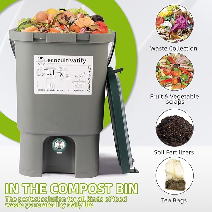 20L Bokashi Compost Bin, 5.28 Gallon Compost Bin for Kitchen Composter with Lid, Bokashi Start Kit with Bran (Tan & Dark Green) (18.8L/5 Gal Grey)
