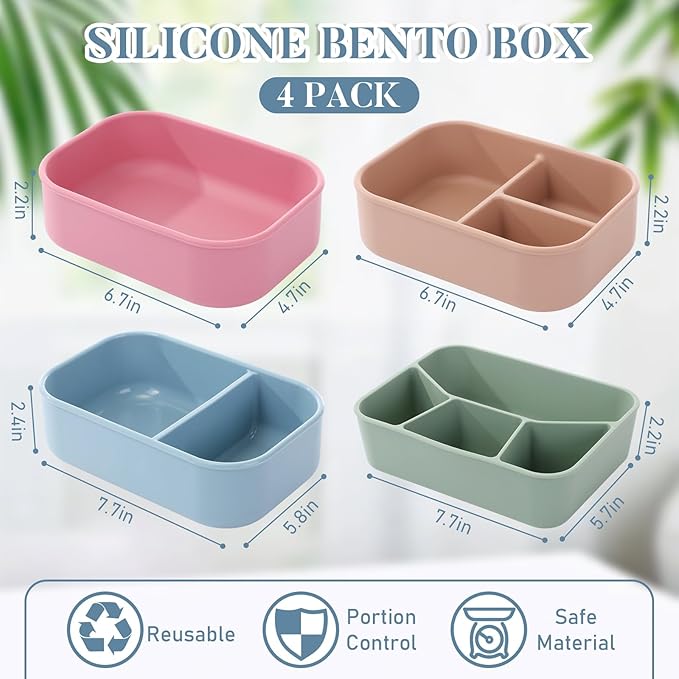 4 Pcs Silicone Bento Box Reusable Lunch Container Compartment Leakproof Meal Prep Snack Box for Adult Office School Travel Food Storage