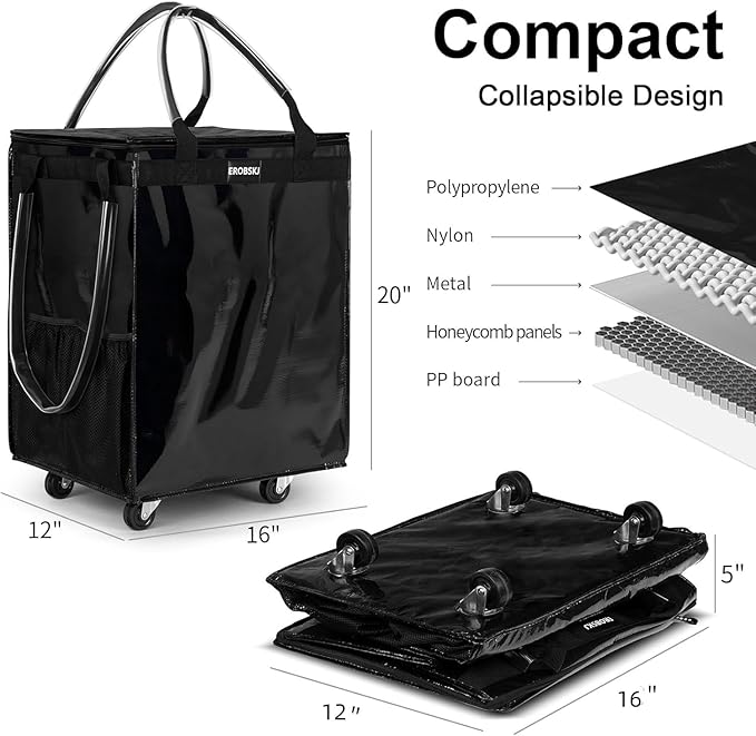 (Medium,Black) Reusable Grocery Bag on Wheels, 70L Foldable Rolling Tote, Carries Up to 66 lbs Shopping Trolley, Zipper Clouser Shopping Carts for Trips, Laundry, 4 Heavy Duty Wheels and 3 Handles