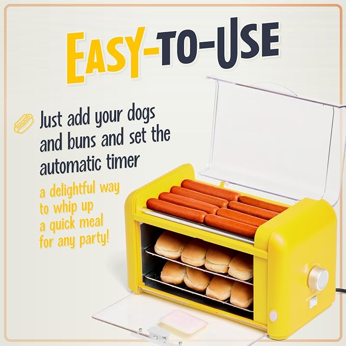 Nostalgia Oscar Mayer Extra Large 8 Hot Dog Roller & Bun Toaster Oven - Stainless Steel Grill Rollers for Veggie Sausages & Brats - Multi-Use Warming Oven with Adjustable Timer for Parties - Yellow