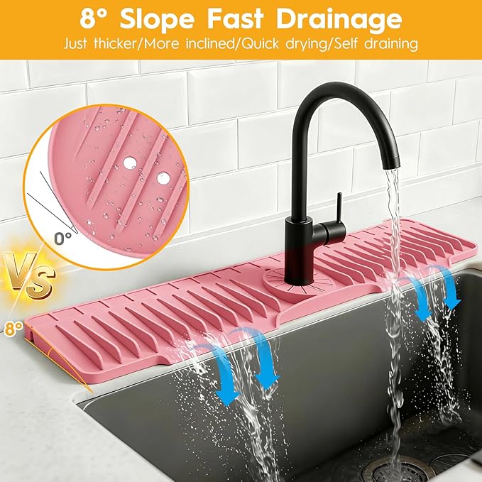 24" Silicone Faucet Mat for Kitchen Sink Released in 2026,8° Slope Fast Self-draining-Kitchen Sink Splash Guard,Bathroom Kitchen Sink Area Water Splash Guard Behind Faucet Draining Mat(Pink)