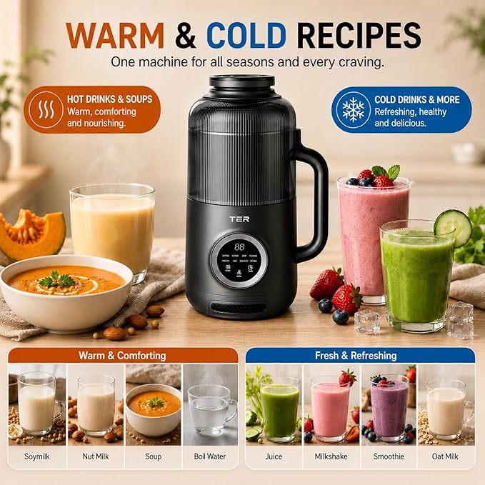 TER 40oz Nut Milk Maker Machine, Automatic Soy Milk Maker with 8 Smart Preset Programs, Almond Oat Soy Plant-Based Milk Maker with 12H Delay Start, Keep Warm, Self-Cleaning