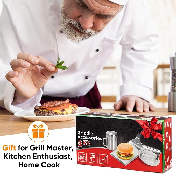HULISEN Smashed Burger Kit, Stainless Steel Burger Press, Grill Spatula and Spice Dredge Shaker - Burger Smasher Griddle Accessories Kit for Flat Top Griddle Grill Cooking, Gift Package