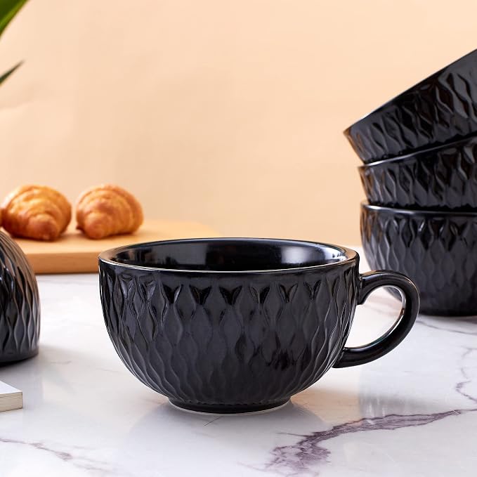 Coffeezone Set of 6 Cups Vintage Design 12 oz Professional Barista Ceramic Latte Art Cappuccino Cups Set (Embossed Black * 6)