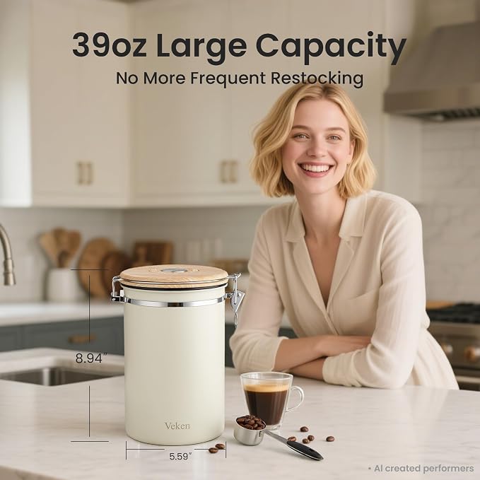 Veken Coffee Canister, 39OZ Large, Gifts For Women,Airtight Stainless Steel Food Storage Container for 2.2lbs Coffee Beans,Ground, Sugar, Tea, Flour, Cereal, Kitchen Bar Accessories,Scoop, Gift, Cream