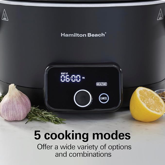 Hamilton Beach Portable Ready, Set, Dinner 6 Quart Programmable Slow Cooker | Temperature Probe & Defrost Function | Clip-Tight Lid For Easy Travel | Dishwasher-Safe Stoneware Crock | Matte Black | 33868