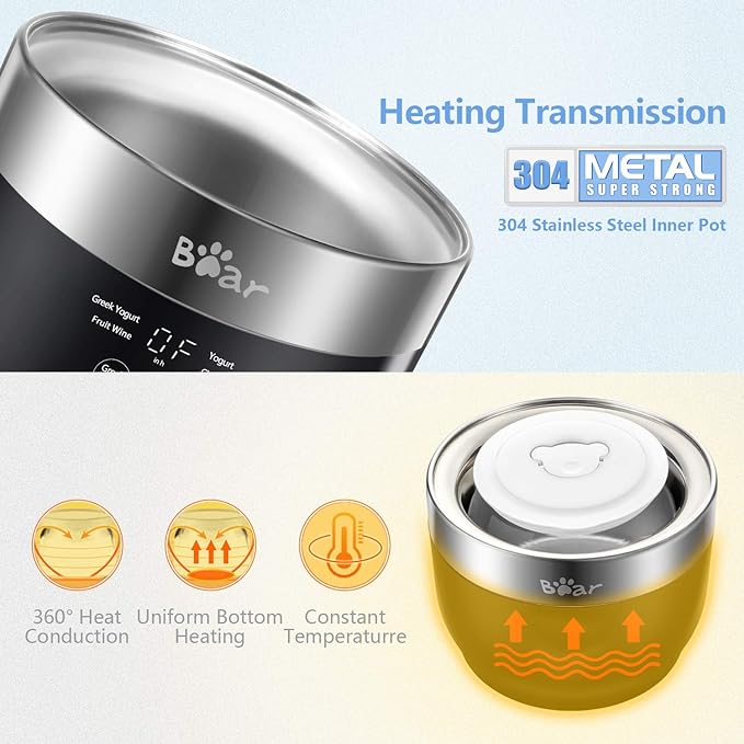 Bear Yogurt Maker, Greek Yogurt Maker Machine with Strainer and Timer Control, Stainless Steel Inner Pot, Automatic Digital with 2 Glass Jars 1 Quart for Home Organic Yogurt, Cheese, Fruit Wine