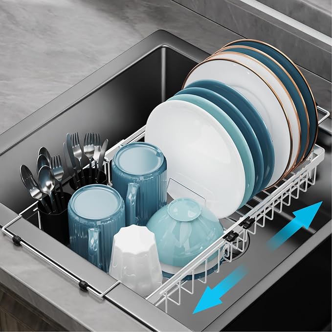GSlife Over Sink Dish Drying Rack - Large Expandable Stainless Steel in Sink Dish Drainer with Square Corners, Rust Resistant with Lock Knob, Heavy Duty Fit for Modern Single & Double Sinks, Black