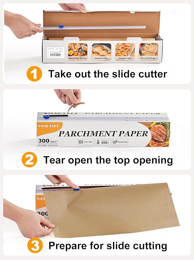 SMARTAKE Parchment Paper Roll for Baking, 2-Pack of 15 in x 242 ft, 600 sq.ft, Non-Stick Baking Paper Sheets with Slide Cutter, Heavy Duty Extra Long, for Kitchen Baking Cooking Grilling, Unbleached