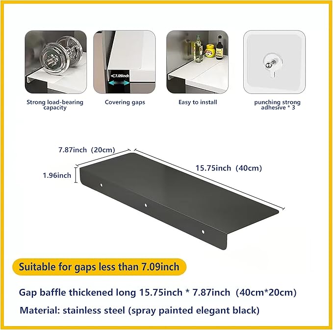 Metal Kitchen Refrigerator Gap Partition Countertop Gap Extension Board,Gap Covers Between Countertop and Walls, Refrigerator Side Partition, No Drill(Black,15.75 * 7.87inch)