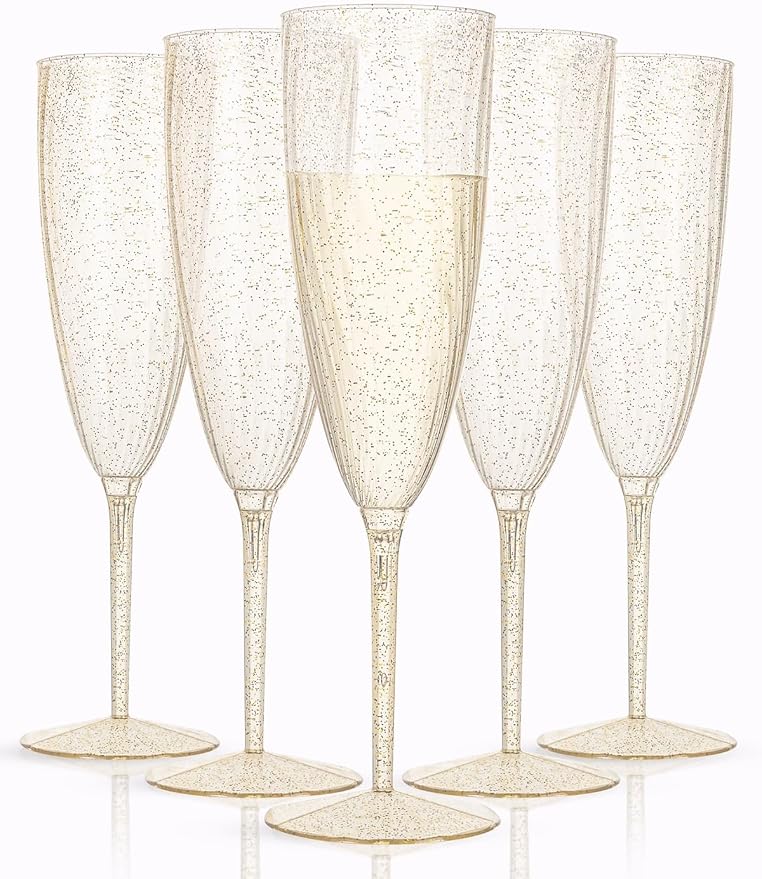 WDF 36-Pack Plastic Champagne Flutes - Gold Glitter Champagne Glasses Disposable - Perfect for Wedding/Birthday/Bridal Shower/Baby Shower/Graduation