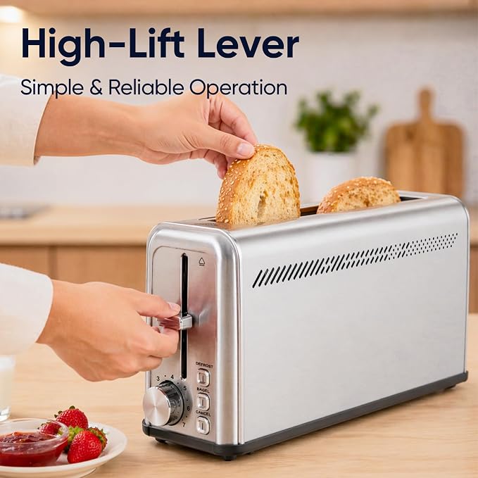 Seehot® Slim Long Slot Stainless Steel Toaster, Toaster 2 Slice Wide Slot with 10.24 x 1.5 in Slot, Bagel Defrost Cancel, 7 Shades, Crumb Tray