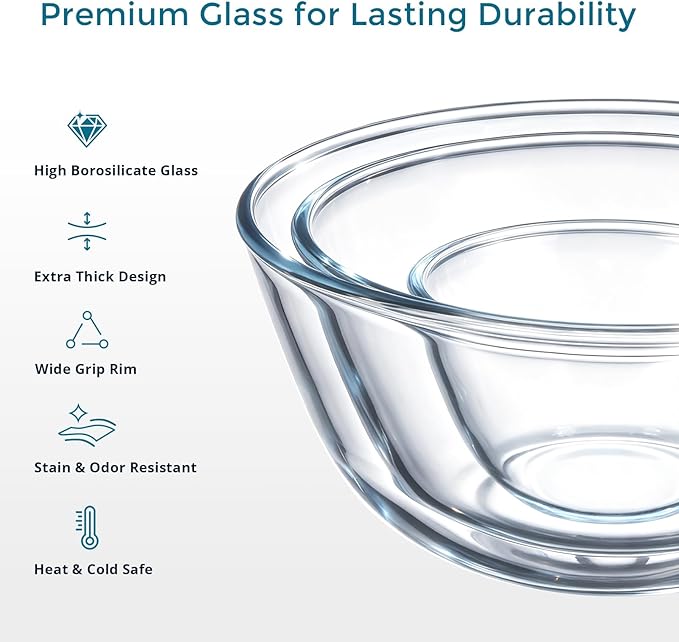 E-far Glass Mixing Bowls with Airtight Lids Set, 4.8,2.9,0.8 Qt Thick Glass Salad Bowls for Cooking Prep Serving, Large Clear Nesting Bowls for Storage Sourdough Proofing, Dishwasher Safe, 3 Pack