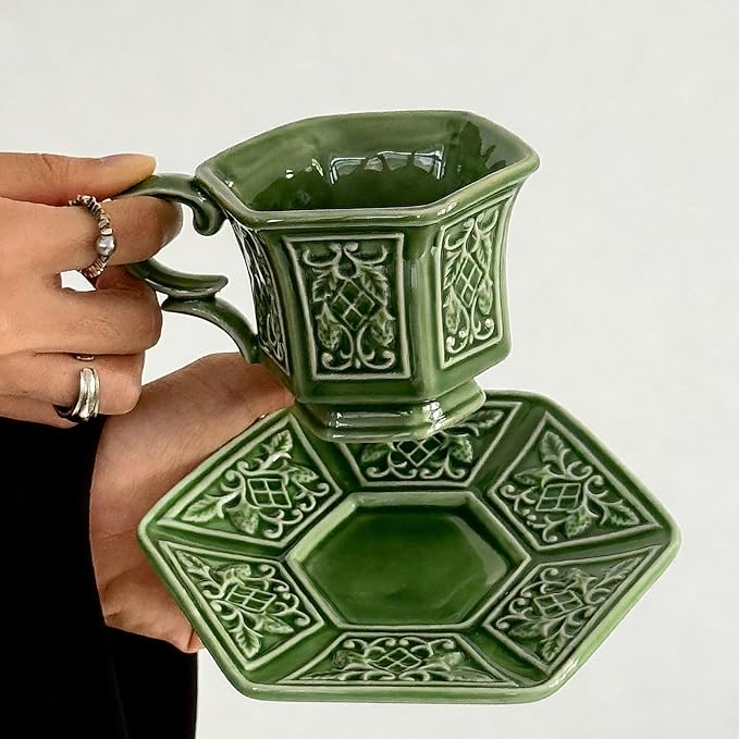 KAMMAK Tea Cups and Saucers Set of 2, Porcelain Coffee Cups, 6-Ounce Stackable Espresso Mugs, Ceramic Demitasse for Coffee, Latte, Americano, Tea, Retro Green