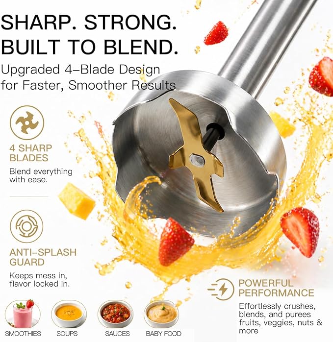 MegaWise Pro Titanium Reinforced 5 in1 Immersion Hand Blender, Powerful with 80% Sharper Blades, 12 Speed Corded Blender, Including 500ml Chopper, 600ml Beaker, Whisk and Milk Frother