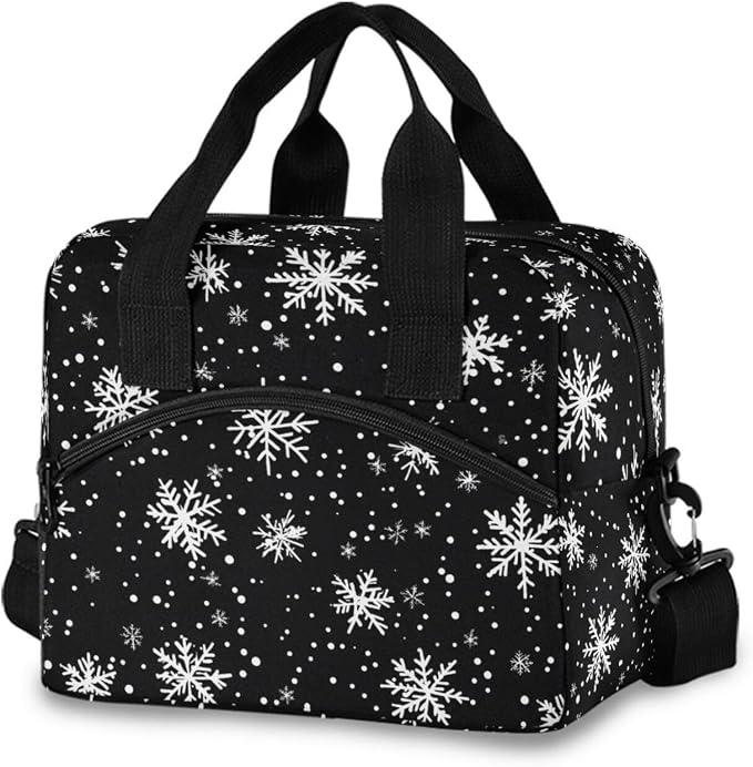 OREZI Reusable Lunch Bag for Girls Boys Women Men,White Snowflakes Black Lunch Box Container with Detachable Shoulder Strap,Insulated Lunch Coolers for School Office