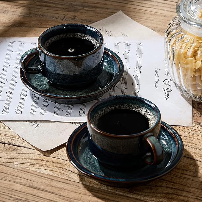 JIEMEI HOME Porcelain Stackable Espresso Cups with Saucers and Metal Stand, 4 Ounce Demitasse Cups for Specialty Coffee Drinks, Latte, Tea Set of 4, Stackable Espresso Mugs, Kiln Tide Glaze