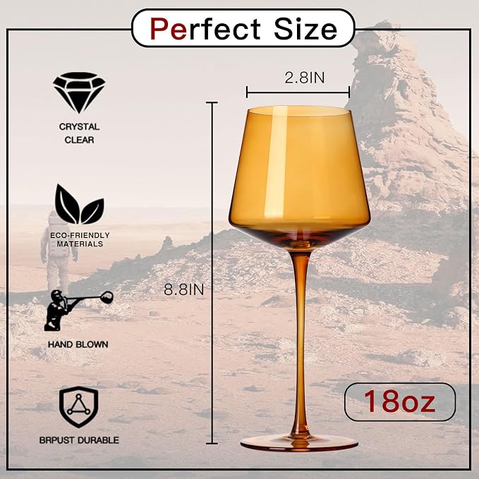 comfit Terracotta Wine Glasses Set of 6- Hand-Blown Colored Crystal Stemware With Long Stem and Thin Rim,Crystal Glasses for Wine & Cocktails, Premium Gift for Wedding, Birthday – Hand Wash