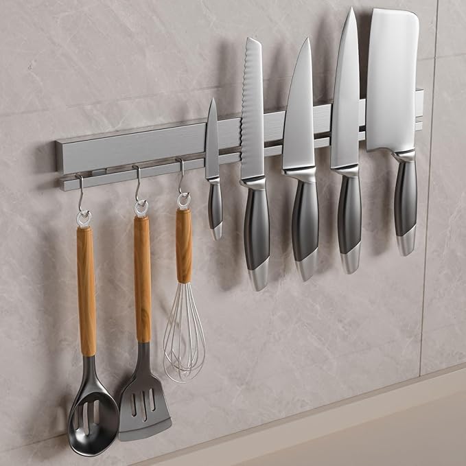 TOUKA 17 Inch Magnetic Knife Holder for Wall, No Drill Magnetic Knife Strip with 12 Hooks, Strong Adhesive, Includes 3M Tape & Screws, Stainless Steel Kitchen Organizer