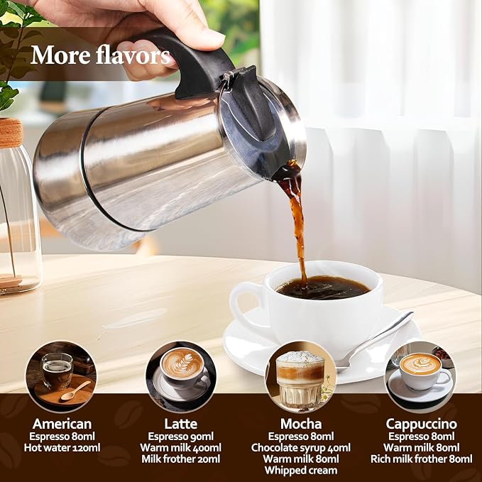 2 Cup Stainless Steel Moka Pot Stovetop Espresso Maker | Italian Coffee Machine 100ml 3.3oz Suitable for Gas Induction Stovetop Mocha Greca Coffee Maker Percolator Tummy