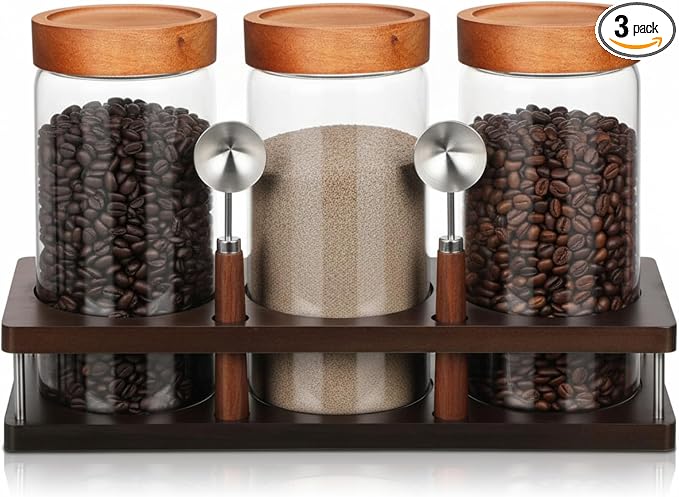 Suclain 3 Pcs 44 oz Glass Coffee Grounds Container with Shelf Glass Coffee Bean Storage Canisters with Airtight Lid and Measuring Spoon Food Storage Jars for Kitchen Sugar (Vintage Style)