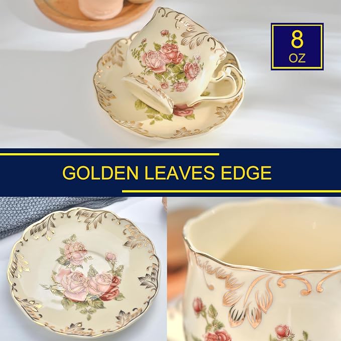 YOLIFE Tea Cup and Saucer Set of 2, 8 oz Vintage Ivory Porcelain Tea Cups Set with Stand, Teacup Saucer Set - Pink Rose with Gold Leaves
