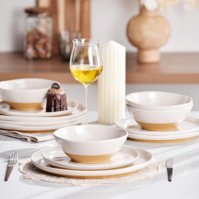 Melamine Dinnerware Sets of 12 Pcs, Kitchen Plates and Bowls Set for 4, Unbreakable Dishware Sets for Patio, RV and Camping, Dishwasher Safe (Ivory)