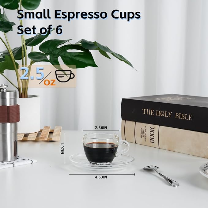 Glass Espresso Shot Cups with Saucers Set of 6, Clear Small Demitasse Cup with Stainless Steel Spoons, Dishwasher & Microwave Safe Tiny Coffee Mugs Only for Espresso, 2.5OZ/75M