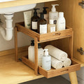 Under Sink Organizer and Storage - 2-Tier Bamboo Kitchen Cabinet Shelf with Adjustable Levels, Undersink Organization Slide Out for Bathroom Cabinet Pantry Brown