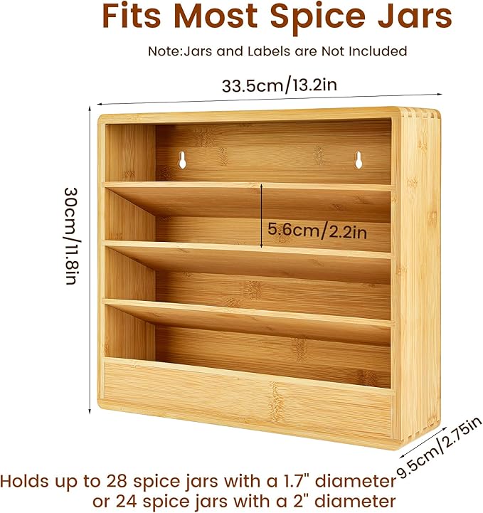 Bamboo Tiered Spice Rack Organizer for Cabinet,Wooden Seasoning Rack for Countertop, Cupboard, Pantry, Kitchen (Spice Jars Not Included)