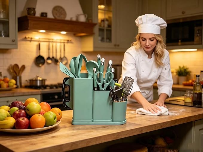 Kitchen Utensils and Knives Set, 20PCS Knife and Cooking Spoon Tools Set with Storage Holder, Sharp Stainless Steel Knife Sets with Bread, Chef Knife (Teal)