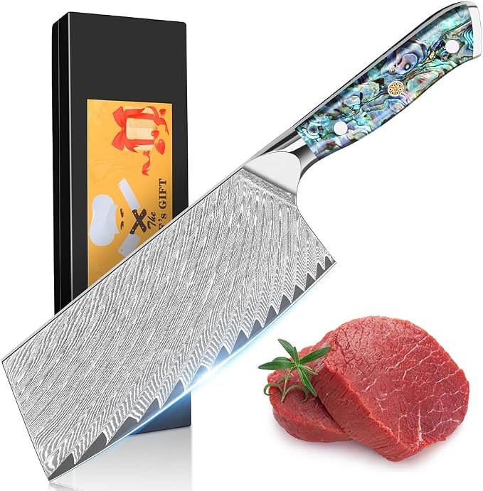 KEENZO Meat Cleaver Knife 7 inch, Razor Sharp Professional Chef Knife, Hand Forged Kitchen Knives, Japanese 67-Layers Damascus Steel Cooking Knife, Ergonomic Abalone Shell Resin Handle,Gift Box