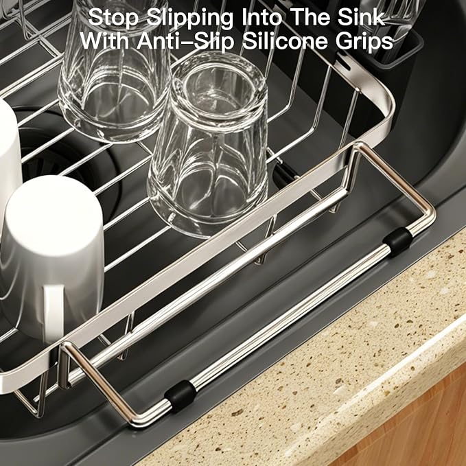 MAJALiS Dish Drying Rack Over The Sink with Utensil Holder | Expandable Stainless Steel Dish Drainer for Small Kitchen, Apartment, RV, Counter Space Saving, Perfect Fit, Rustproof