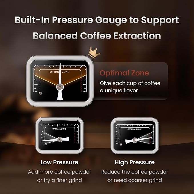 Electactic Semi-Automatic Espresso Machine, 20 Bar Stainless Steel Espresso Machine with Pressure Gauge, Steam Milk Frother, Hot Water Function, Removable Water Tank & Cup Warmer