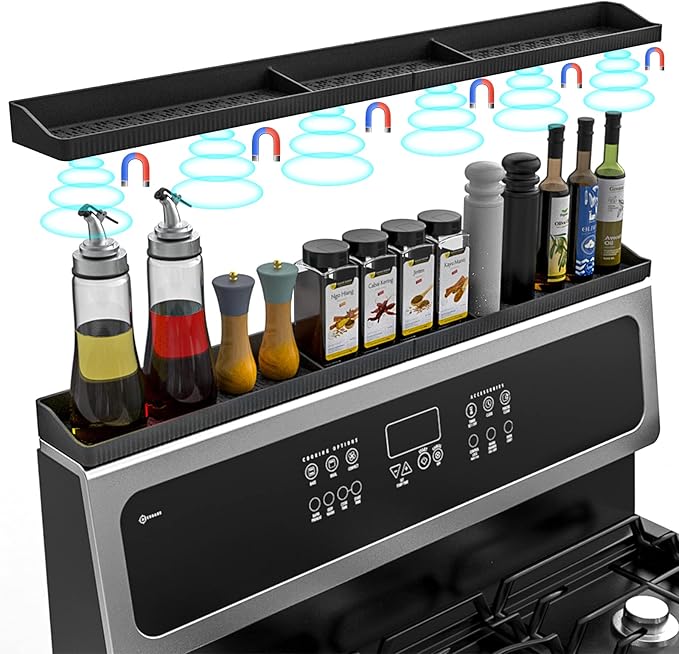 Foeacry Magnetic Stove Top Shelf 30 Inch - Heat Resistant Silicone Over the Stove Shelf Spice Rack Organizer - 3 Functional Partitions Kitchen Organization and Storage for Spices, Oils & Gadgets