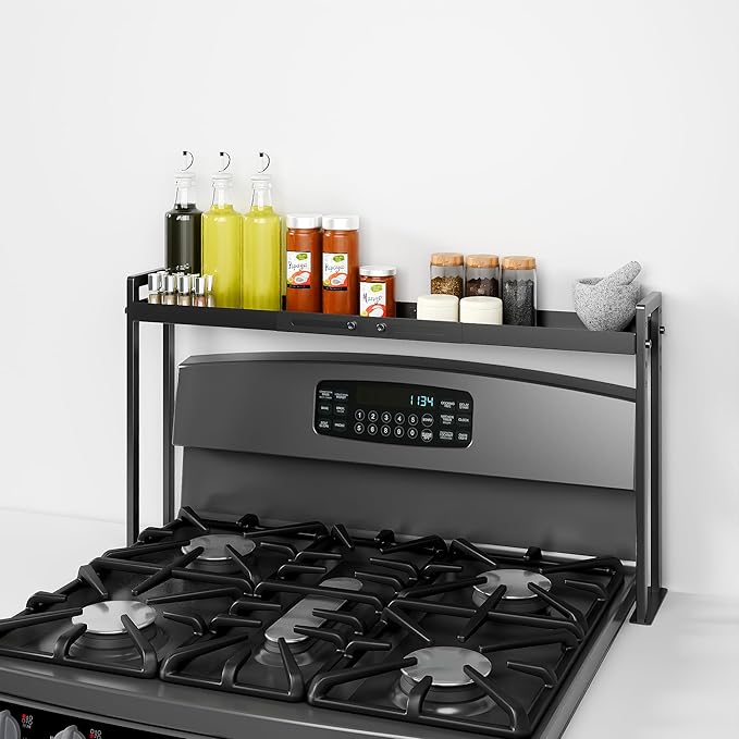 Bumusty Adjustable Stove Top Shelf – Expandable 4-Level Spice Rack and Kitchen Countertop Organizer, Anti-Slip Metal, 27"–33" Length, 11"–14" Height, Black