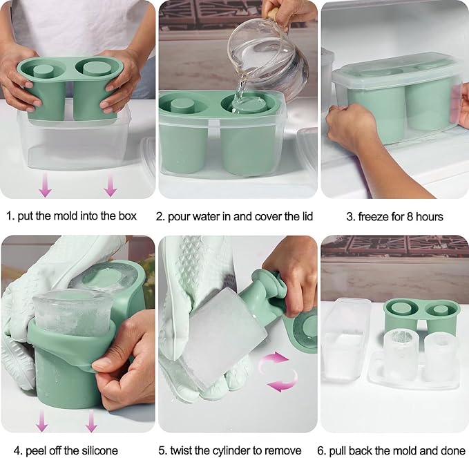 Ice Mold for Stanley Cup, Silicone Ice Cube Tray for Stanley Cup 30oz-40oz, Tumbler Ice Mold with Lid and Bin, Easy Release Cylinder Ice Cube Mold, 1 Pack, Eucalyptus