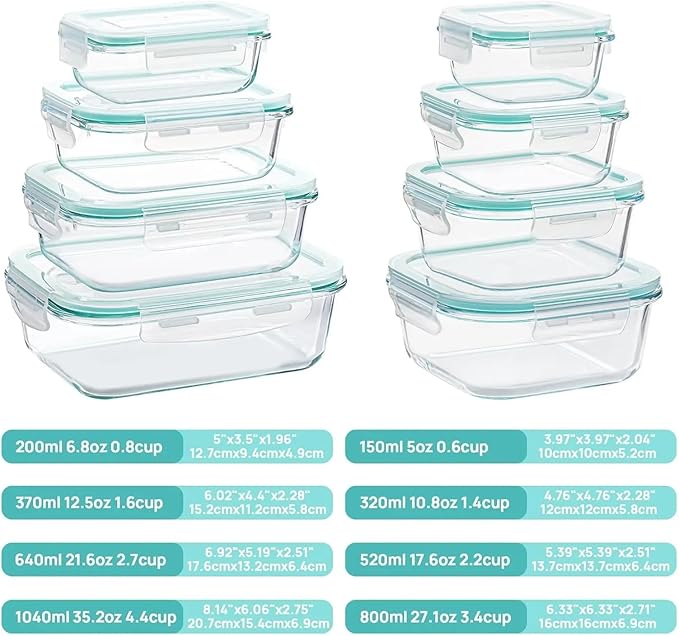 Vacuum Preservation Box 8 Pack Glass Food Storage Containers with Airtight Lids, Glass Meal Prep Containers, Bento Boxes for Lunch, for Microwave Crisper(Green)