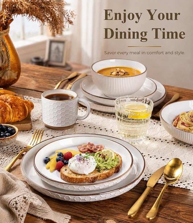 GBHOME Dinnerware Sets for 4, Farmhouse Style Stoneware Plates and Bowls Sets, 12 Pieces Embossed Scratch Resistant Dishes, Dishwasher & Microwave Safe, Off-White