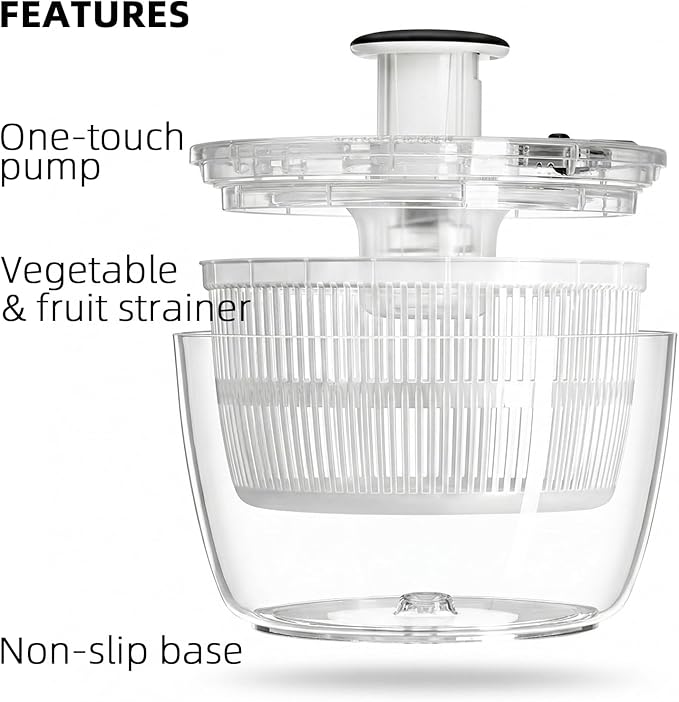 Cove Carol Large Salad Spinner, One-Handed Press-Type Vegetable Dryer, Built-in Filter Suitable for Fruits, Lettuce, and Vegetables; Salad Spinner, Lettuce Spinner 6.3 QT, Black