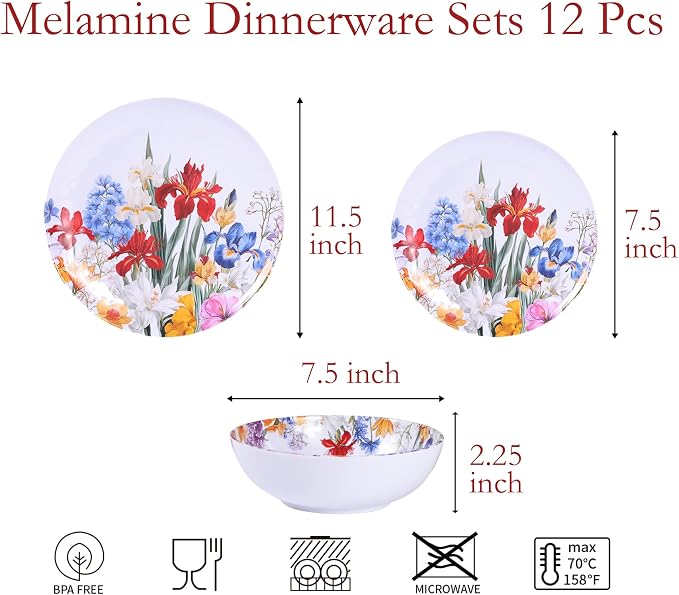 Melamine Dinnerware Sets 12 Pcs, Melamine Plates and Bowls,Party Plates and Bowls Sets, Camping Dishes Set for 4, Unbreakable, BPA Free, Dishwasher Safe（Colorful flowers）